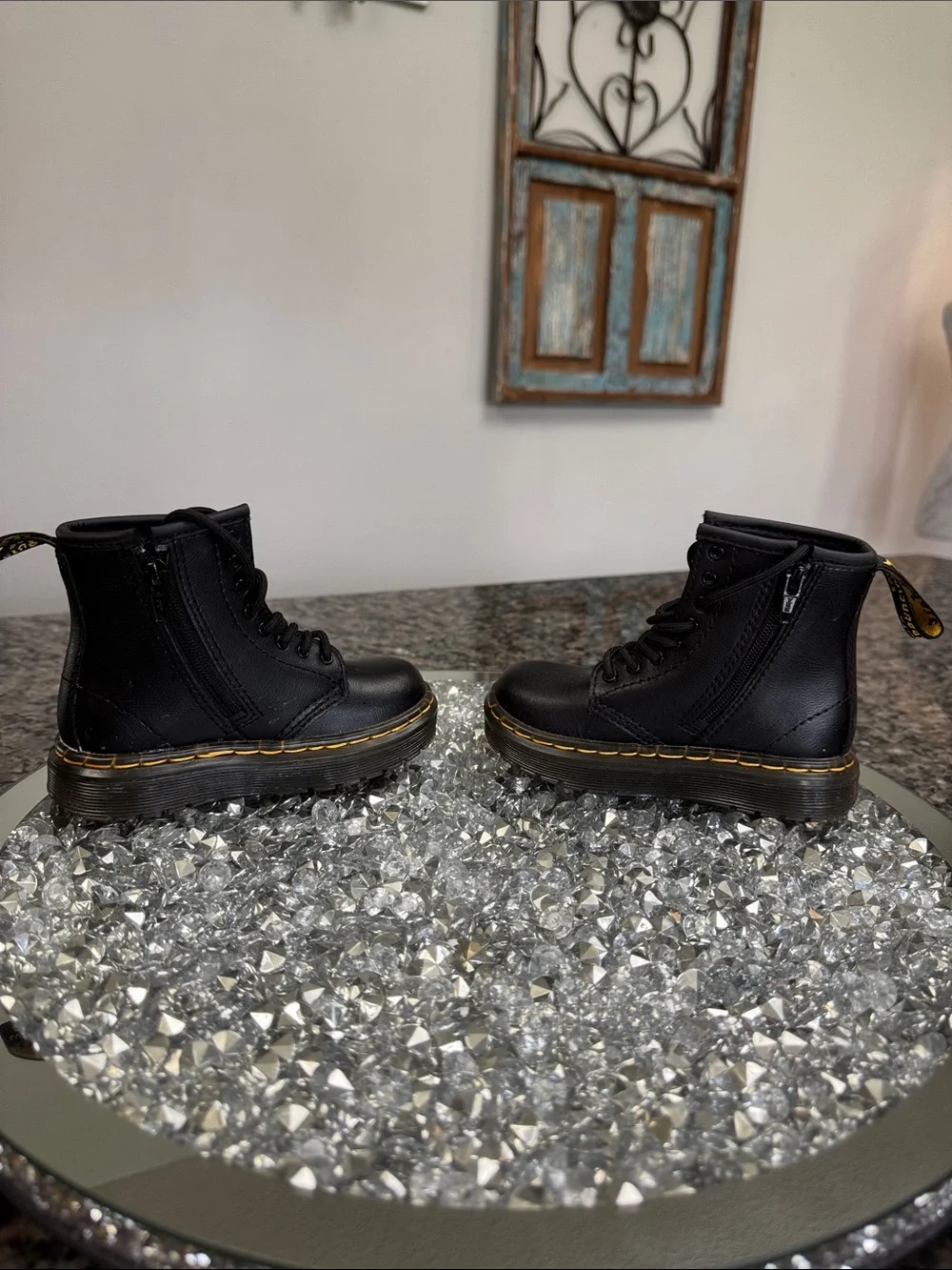 Dr. Martens Black Leather Lace-Up Boots with Yellow Accents EUC 7 toddler